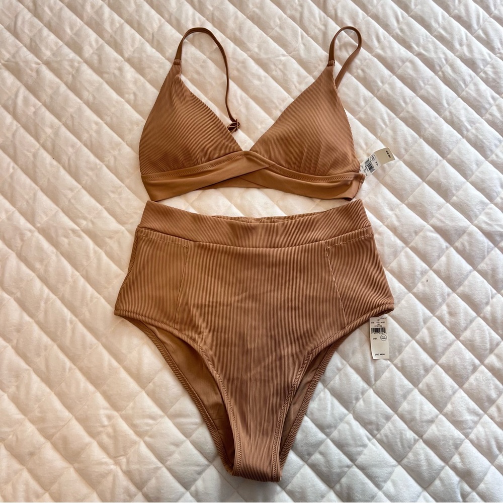 NWT Aerie Triangle High Waisted Cheeky Ribbed Tan Bikini Set Swim Suit Size M/L